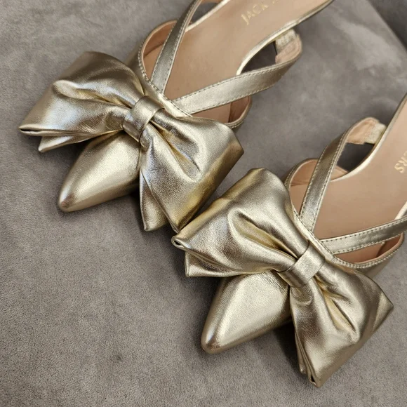 Jack Rogers Dress Mule 9 Gold Champagne Leather Cynthia Bow Kitten Heel Metallic - Picture 7 of 16